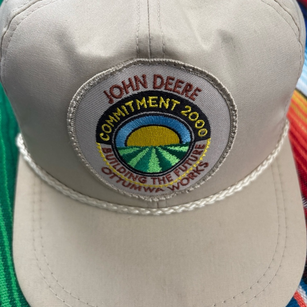 Vintage John Deere Beige Strap Back Hat with Patch and Rope Vtg